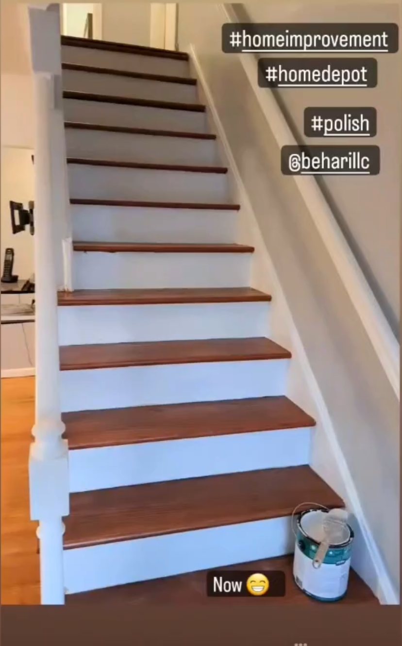 Hardwood staircase renovation with refinished treads and painted risers, New Jersey